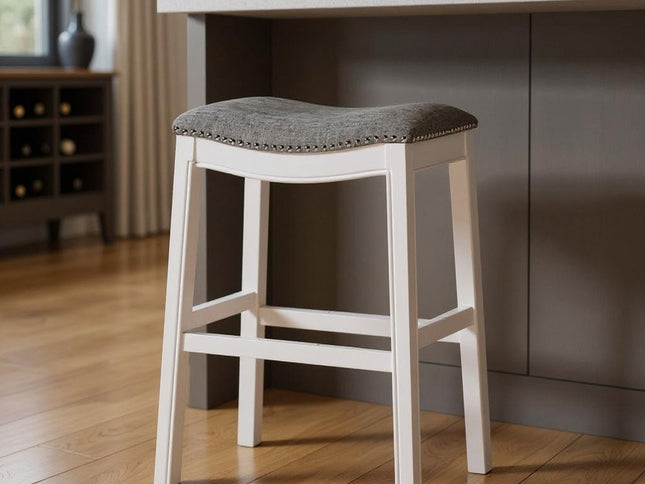 31" Light Gray And White Upholstered And Solid Wood Backless Bar Height Bar Chair