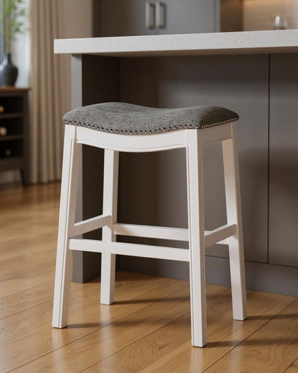 31" Light Gray And White Upholstered And Solid Wood Backless Bar Height Bar Chair