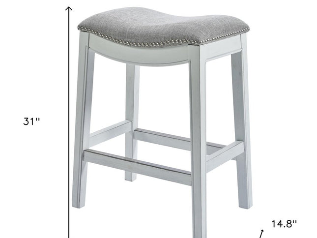 31" Light Gray And White Upholstered And Solid Wood Backless Bar Height Bar Chair