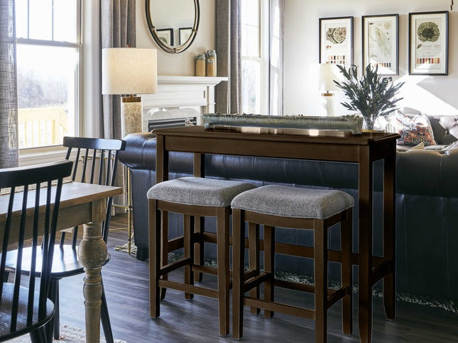 Set of Two 27" Light Gray and Dark Brown Solid Wood Backless Bar Chairs with Table