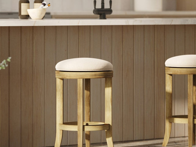 25" Cream and Brown Fabric and Solid Wood Backless Counter Height Swivel Bar Chair