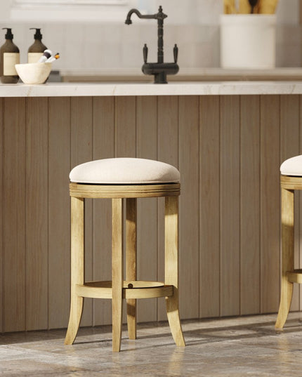 25" Cream and Brown Fabric and Solid Wood Backless Counter Height Swivel Bar Chair