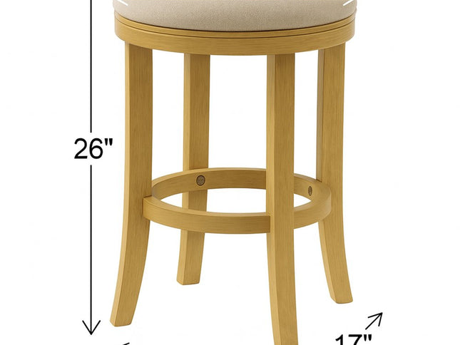 25" Cream and Brown Fabric and Solid Wood Backless Counter Height Swivel Bar Chair