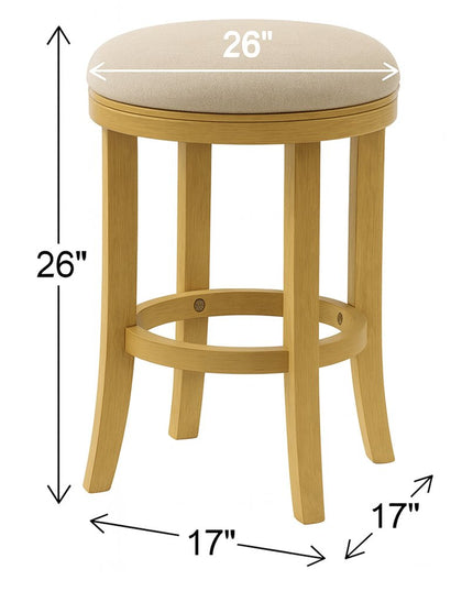 25" Cream and Brown Fabric and Solid Wood Backless Counter Height Swivel Bar Chair