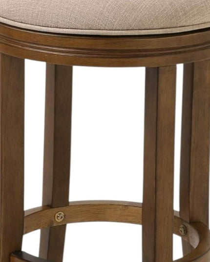 25" Cream and Brown Fabric and Solid Wood Backless Counter Height Swivel Bar Chair