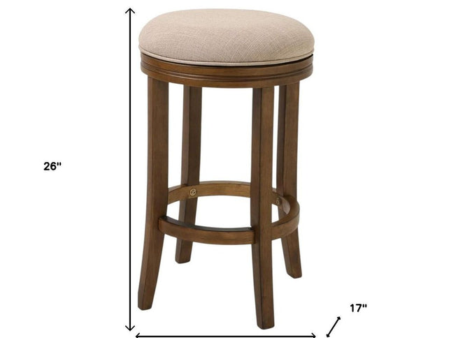 25" Cream and Brown Fabric and Solid Wood Backless Counter Height Swivel Bar Chair