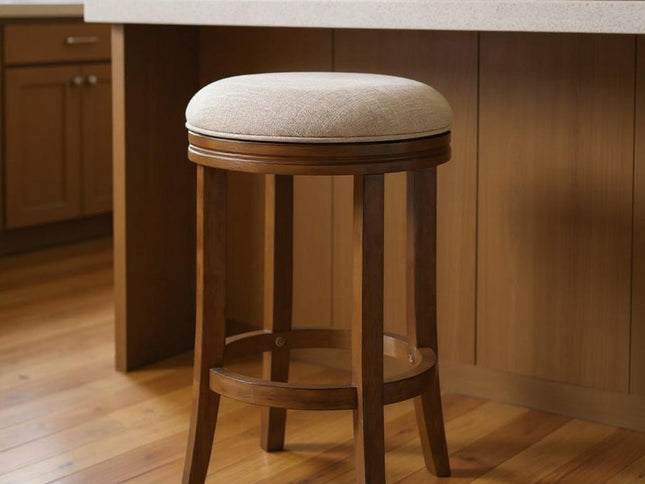 25" Cream and Brown Fabric and Solid Wood Backless Counter Height Swivel Bar Chair