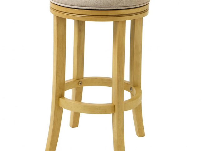 25" Cream and Brown Fabric and Solid Wood Backless Counter Height Swivel Bar Chair