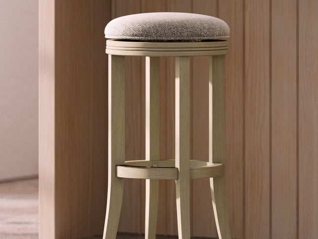 30" Gray and Ivory Fabric and Solid Wood Backless Bar Height Swivel Bar Chair