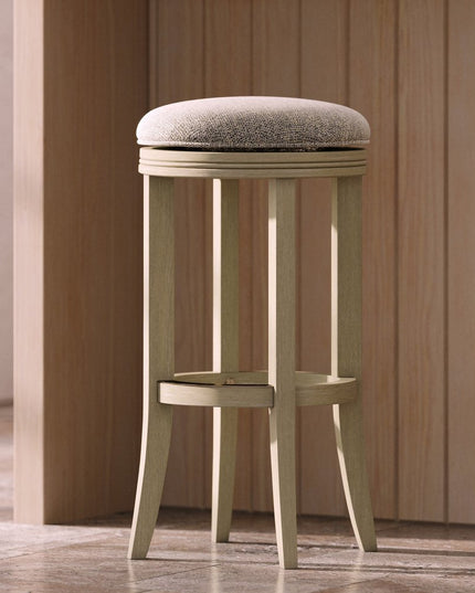 30" Gray and Ivory Fabric and Solid Wood Backless Bar Height Swivel Bar Chair