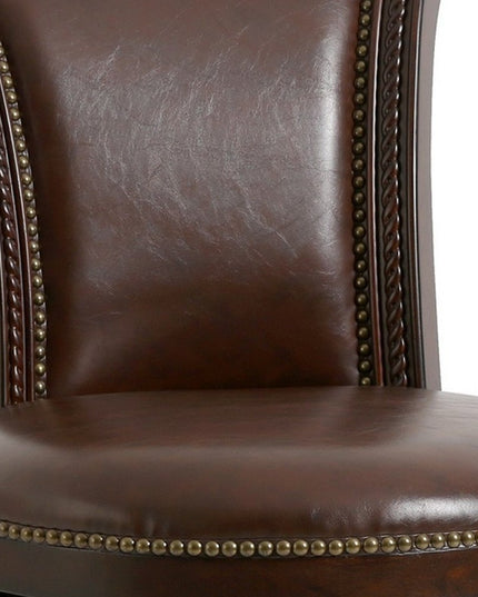25" Dark Brown Faux Leather and Solid Wood Counter Height Swivel Bar Chair
