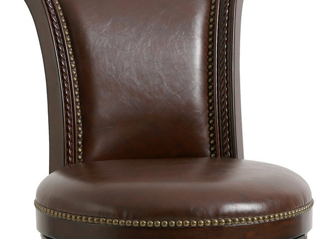 25" Dark Brown Faux Leather and Solid Wood Counter Height Swivel Bar Chair