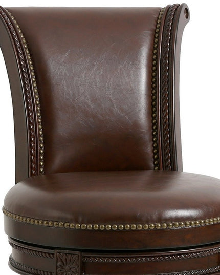25" Dark Brown Faux Leather and Solid Wood Counter Height Swivel Bar Chair