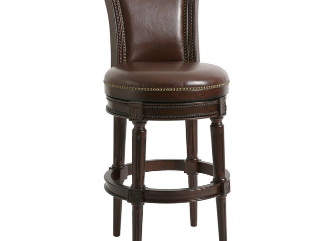 25" Walnut and Dark Brown Faux Leather and Solid Wood Bar Height Swivel Bar Chair