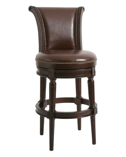 25" Walnut and Dark Brown Faux Leather and Solid Wood Bar Height Swivel Bar Chair