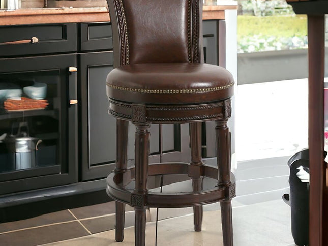 25" Walnut and Dark Brown Faux Leather and Solid Wood Bar Height Swivel Bar Chair