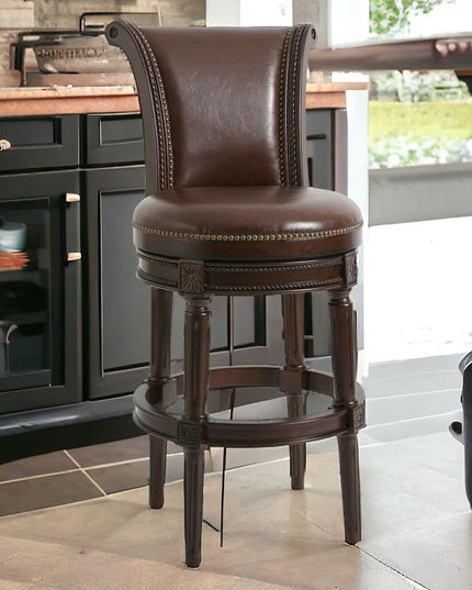 25" Walnut and Dark Brown Faux Leather and Solid Wood Bar Height Swivel Bar Chair