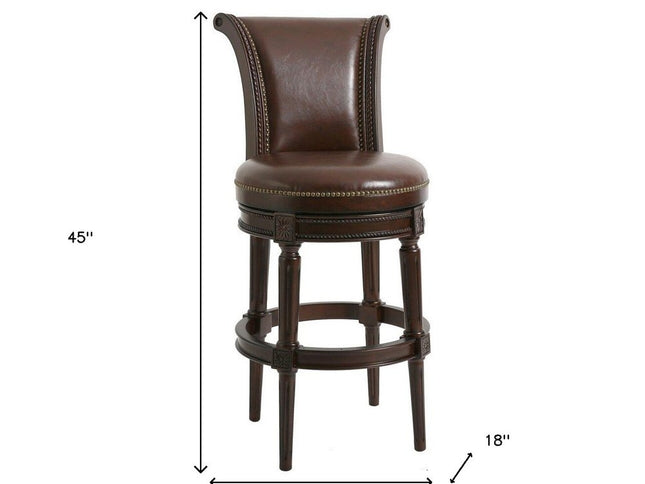25" Walnut and Dark Brown Faux Leather and Solid Wood Bar Height Swivel Bar Chair