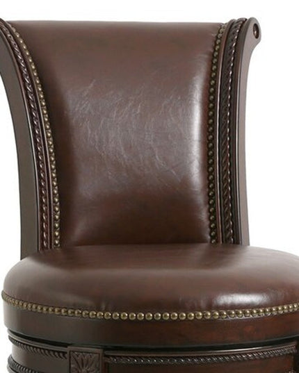 25" Walnut and Dark Brown Faux Leather and Solid Wood Bar Height Swivel Bar Chair