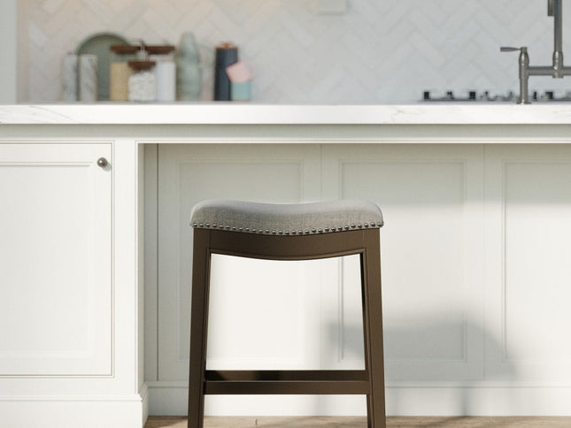 26" Gray and Brown Fabric and Solid Wood Backless Counter Height Bar Chair