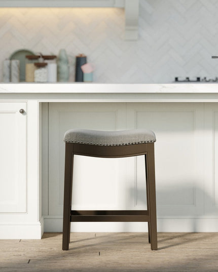 26" Gray and Brown Fabric and Solid Wood Backless Counter Height Bar Chair