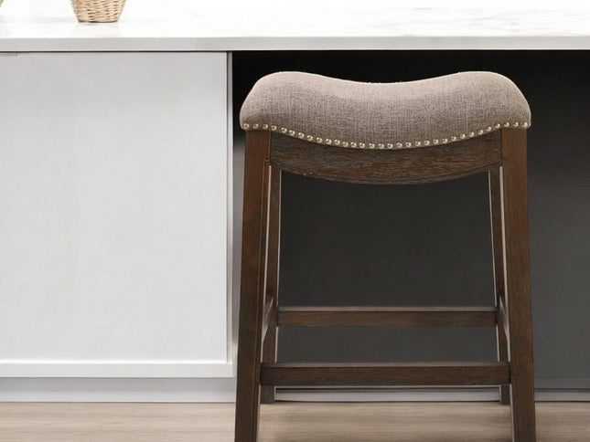 26" Gray and Brown Fabric and Solid Wood Backless Counter Height Bar Chair