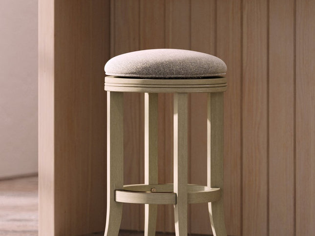 25" Gray and Ivory Fabric and Solid Wood Backless Counter Height Swivel Bar Chair