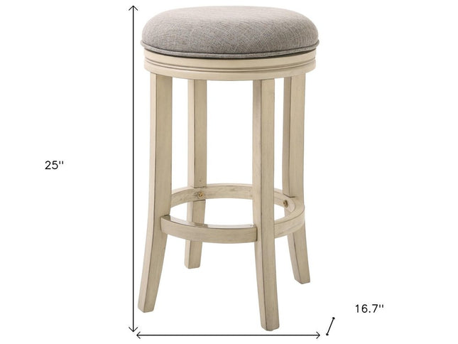 25" Gray and Ivory Fabric and Solid Wood Backless Counter Height Swivel Bar Chair