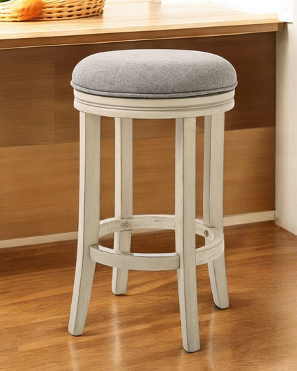 25" Gray and Ivory Fabric and Solid Wood Backless Counter Height Swivel Bar Chair