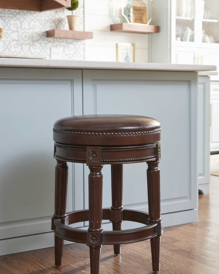 26" Dark Brown and Brown Faux Leather Backless Counter Height Swivel Bar Chair