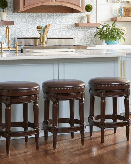 26" Dark Brown and Brown Faux Leather Backless Counter Height Swivel Bar Chair