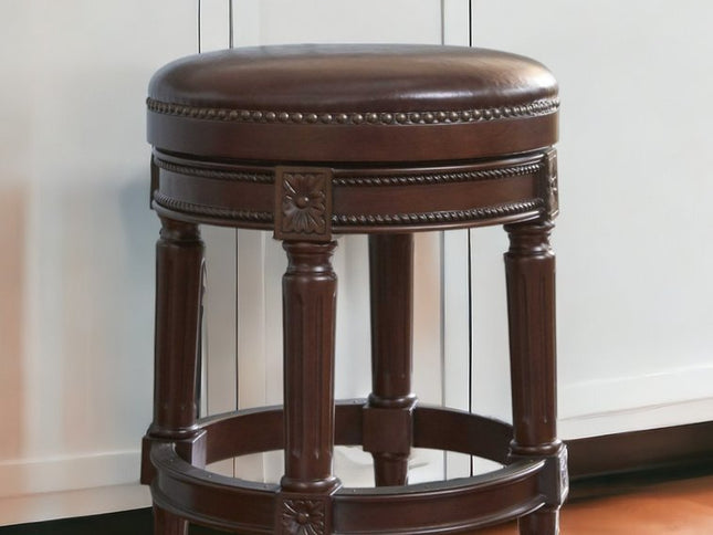 26" Dark Brown and Brown Faux Leather Backless Counter Height Swivel Bar Chair