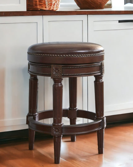 26" Dark Brown and Brown Faux Leather Backless Counter Height Swivel Bar Chair