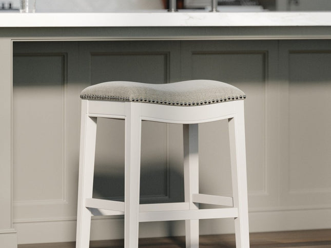 26" Gray and White Solid Wood and Linen Blend Backless Counter Height Bar Chair