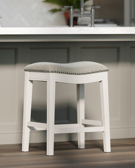 26" Gray and White Solid Wood and Linen Blend Backless Counter Height Bar Chair