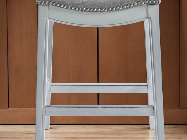 26" Gray and White Solid Wood and Linen Blend Backless Counter Height Bar Chair