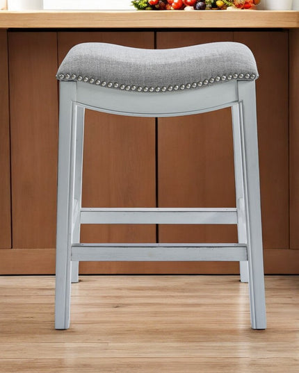 26" Gray and White Solid Wood and Linen Blend Backless Counter Height Bar Chair