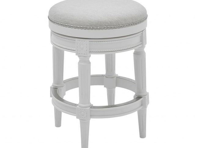 26" White Solid Wood and Fabric Backless Counter Height Swivel Bar Chair