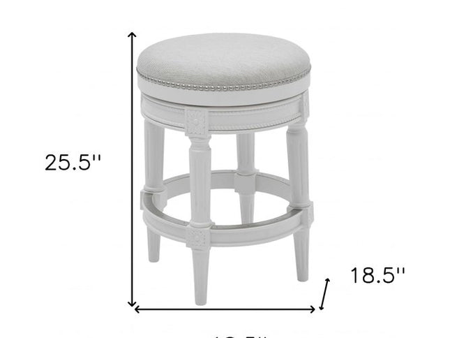 26" White Solid Wood and Fabric Backless Counter Height Swivel Bar Chair