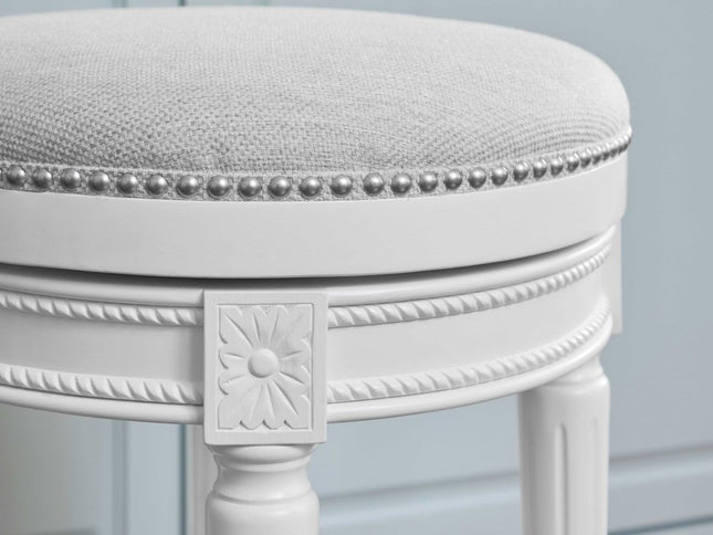 26" White Solid Wood and Fabric Backless Counter Height Swivel Bar Chair