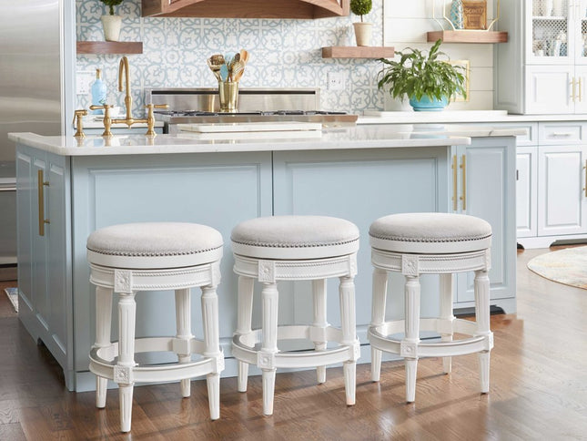 26" White Solid Wood and Fabric Backless Counter Height Swivel Bar Chair