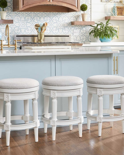 26" White Solid Wood and Fabric Backless Counter Height Swivel Bar Chair