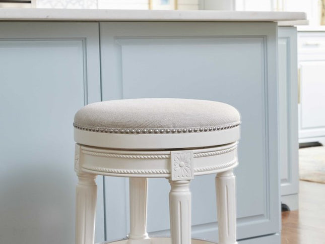 26" White Solid Wood and Fabric Backless Counter Height Swivel Bar Chair