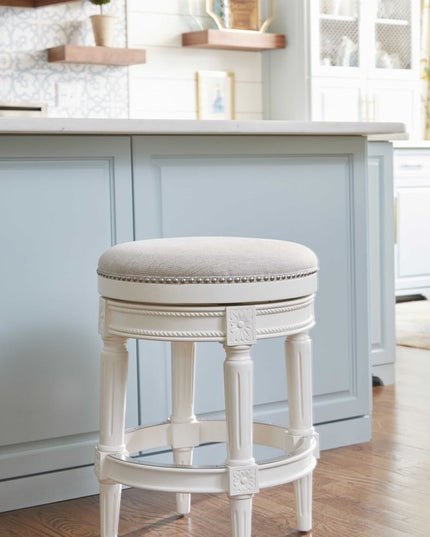 26" White Solid Wood and Fabric Backless Counter Height Swivel Bar Chair