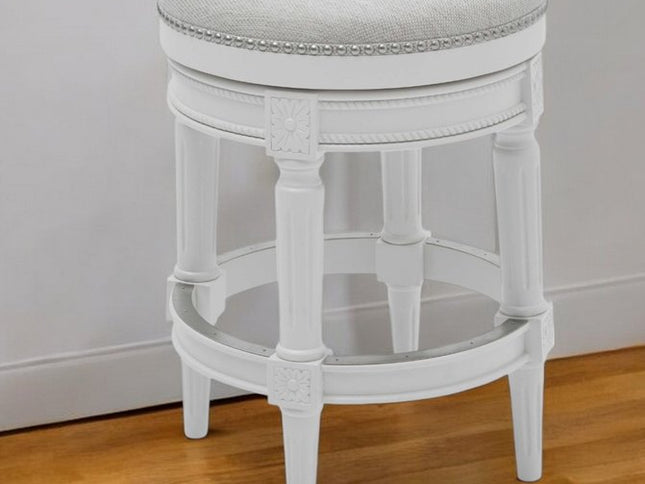 26" White Solid Wood and Fabric Backless Counter Height Swivel Bar Chair