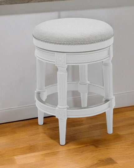 26" White Solid Wood and Fabric Backless Counter Height Swivel Bar Chair