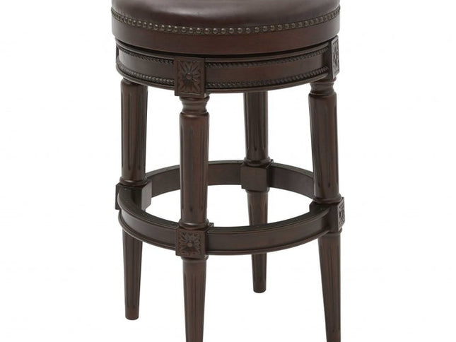 31" Brown Faux Leather and Solid Wood Backless Counter Height Swivel Bar Chair