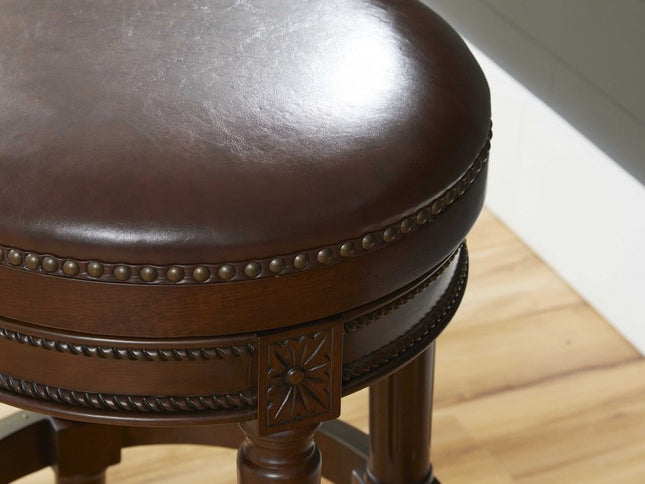 31" Brown Faux Leather and Solid Wood Backless Counter Height Swivel Bar Chair