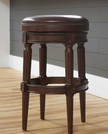 31" Brown Faux Leather and Solid Wood Backless Counter Height Swivel Bar Chair