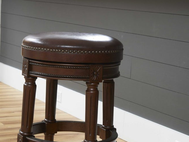 31" Brown Faux Leather and Solid Wood Backless Counter Height Swivel Bar Chair